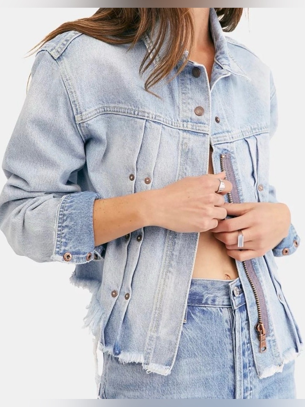 Free People-Light Wash Distressed Denim Jacket - Chic Cropped Style - Picture 3 of 16
